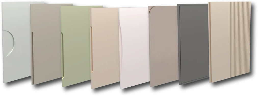 A range of powder-coated MDF door profiles in neutral colours